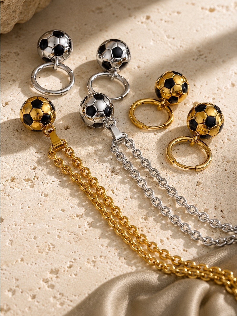 Gold and Black Soccer Ball Pendant Necklace with Matching Hoops - Picture 5 of 11